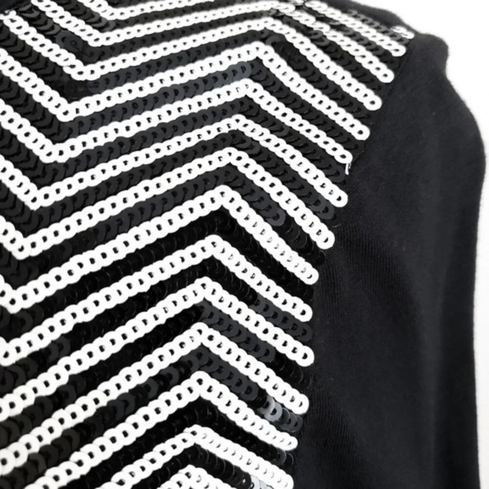 Michael Kors Black & White Sequin Chevron Long-Sleeve Top-‎ Small, S